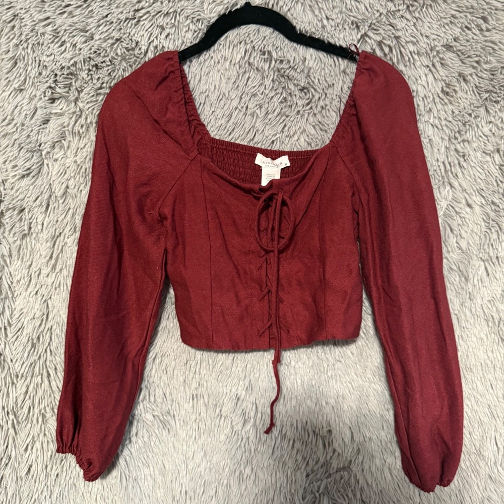 KIRISUS Los Angeles‎ Womens Long Sleeve Square Neck Cropped Lace Up Top Size M